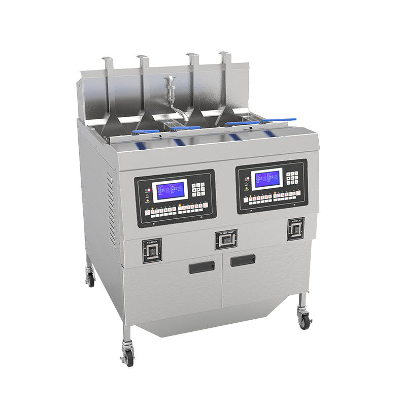 Automático de elevación y bajada Dos ollas Cuatro cestas con filtración de aceite Chips de calefacción eléctrica Abrir freidora profunda